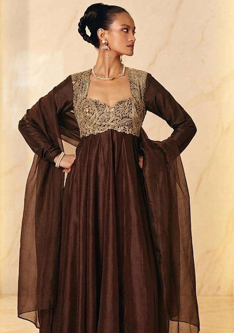 Brown Embroidered Handwork Anarkali with Dupatta - Indya