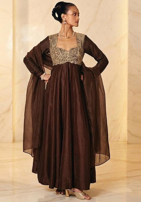 Brown Embroidered Handwork Anarkali with Dupatta