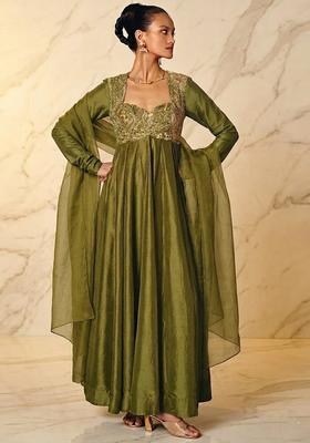 Olive Green Embroidered Handwork Anarkali with Dupatta