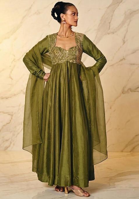 Olive Green Embroidered Handwork Anarkali with Dupatta