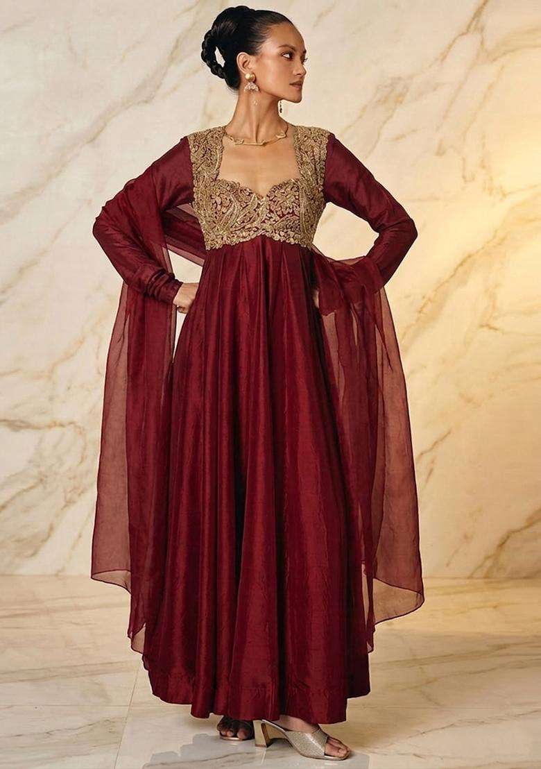 Red Embroidered Handwork Anarkali with Dupatta - Indya