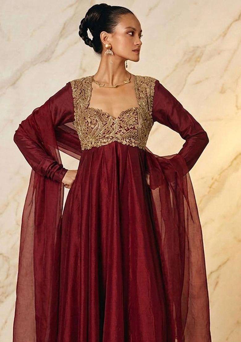 Red Embroidered Handwork Anarkali with Dupatta - Indya