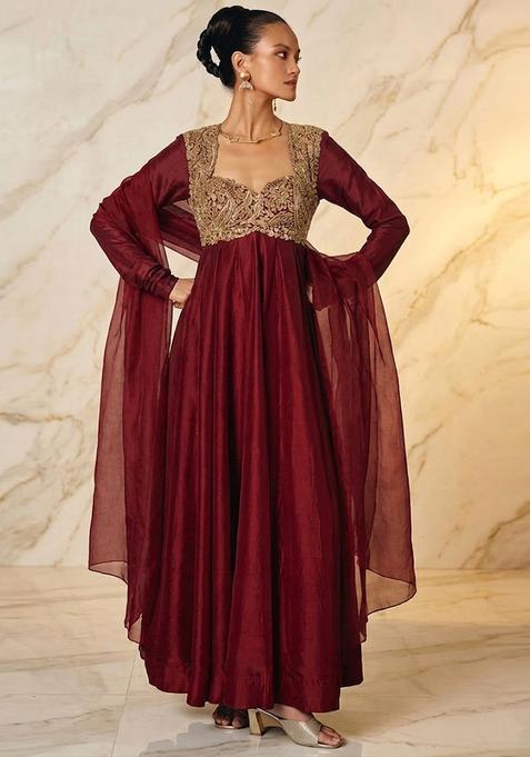 Red Embroidered Handwork Anarkali with Dupatta