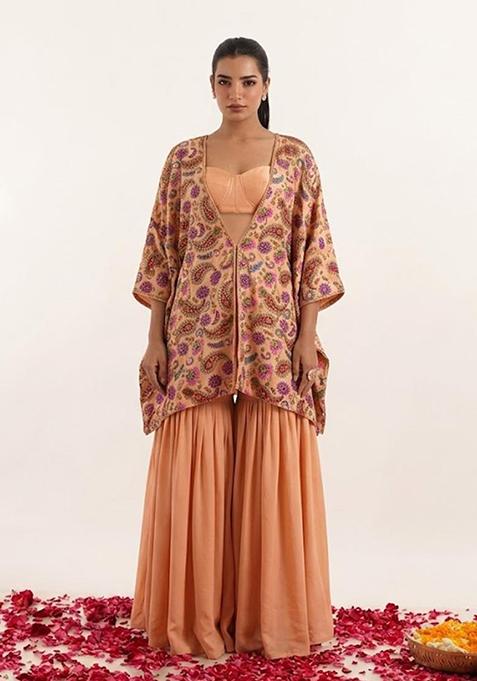 Peach Printed Crepe Sharara Set