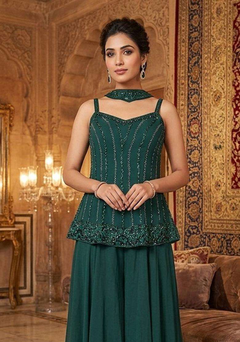 Dark Green Embroidered Handwork Sharara Set - Indya