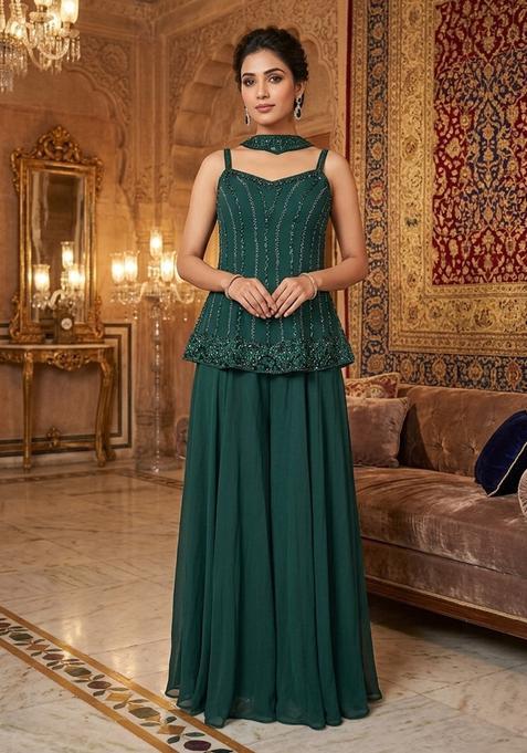 Dark Green Embroidered Handwork Sharara Set