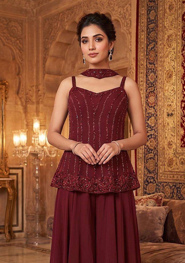 Maroon Embroidered Handwork Sharara Set - Indya