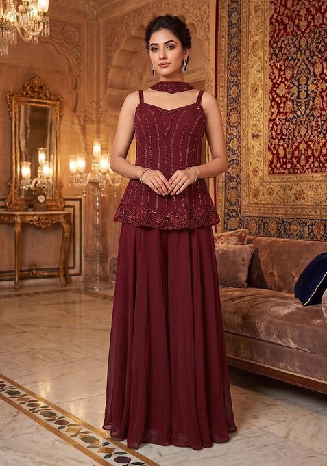 Maroon Embroidered Handwork Sharara Set