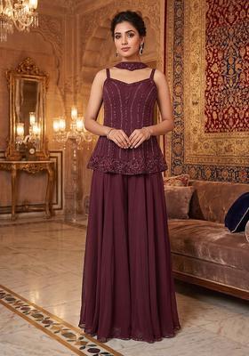Wine Embroidered Handwork Sharara Set