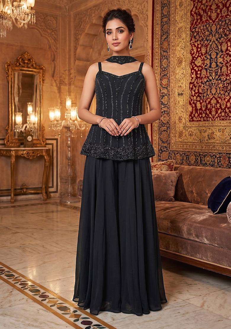 Black Embroidered Handwork Sharara Set - Indya