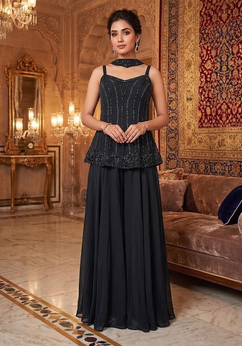 Black Embroidered Handwork Sharara Set