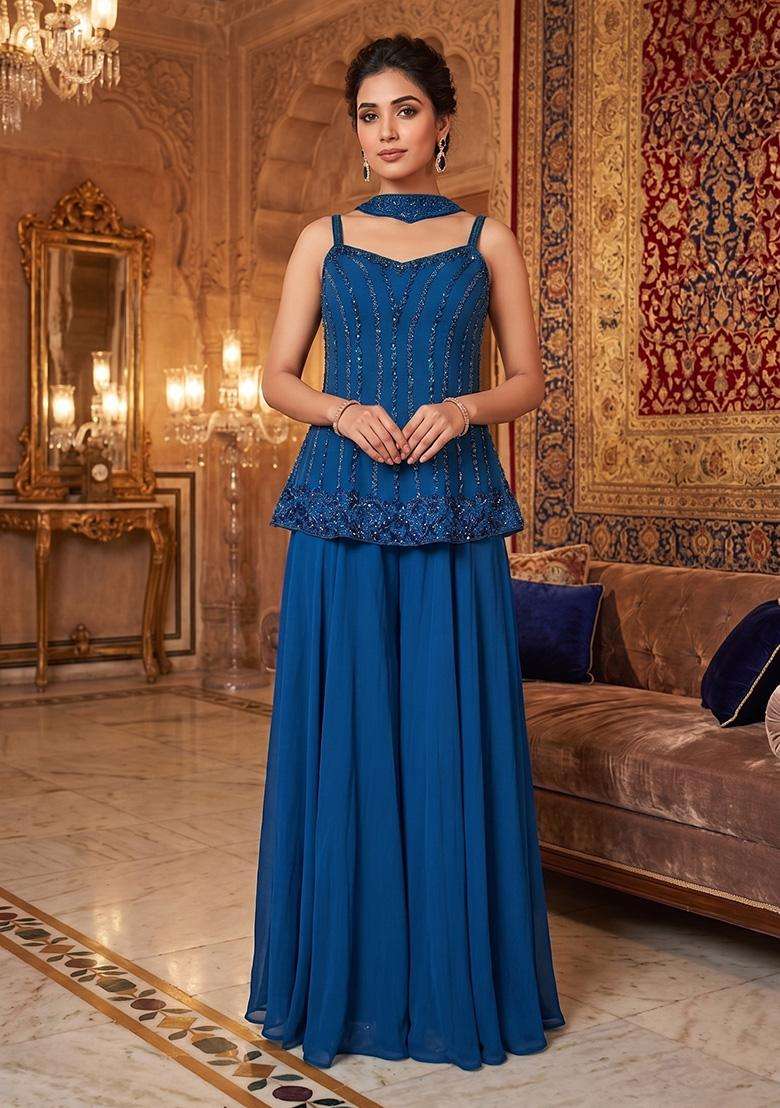 Blue Embroidered Handwork Sharara Set - Indya