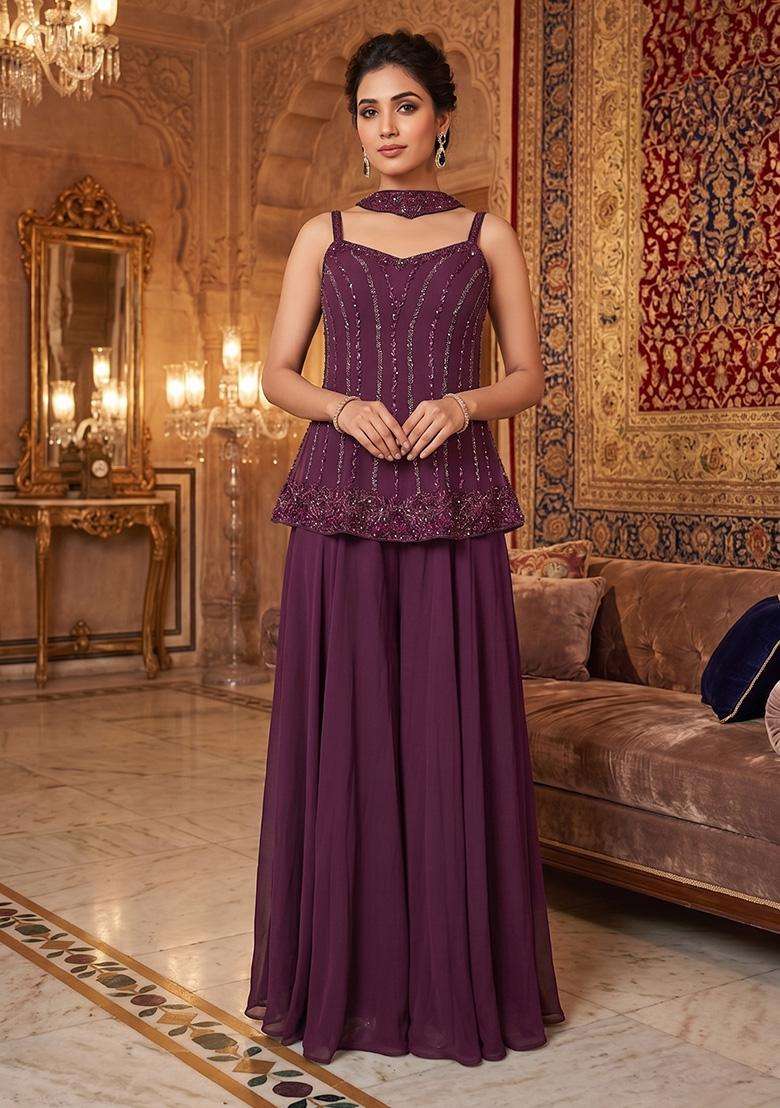 Purple Embroidered Handwork Sharara Set - Indya