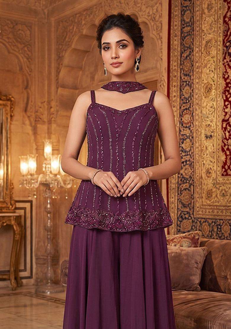 Purple Embroidered Handwork Sharara Set - Indya