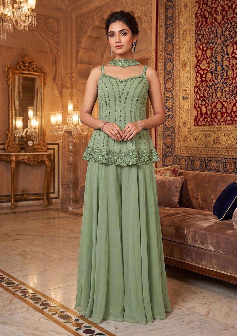 Green Embroidered Handwork Sharara Set - Indya