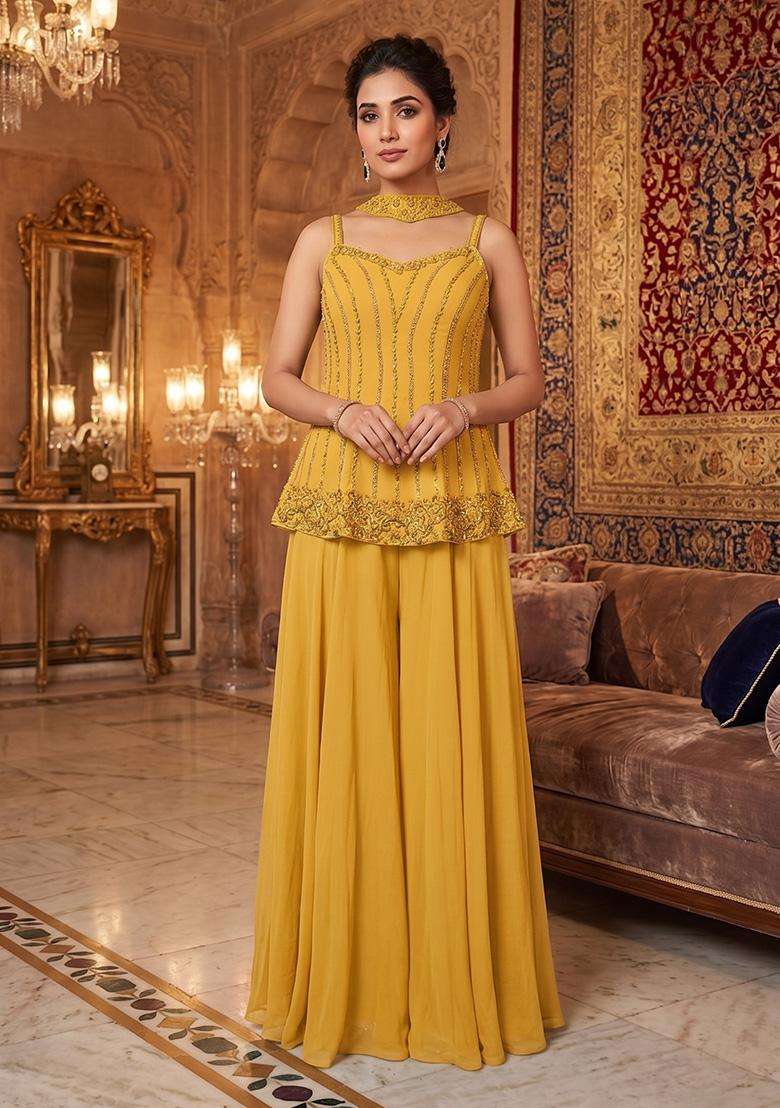Yellow Embroidered Handwork Sharara Set - Indya
