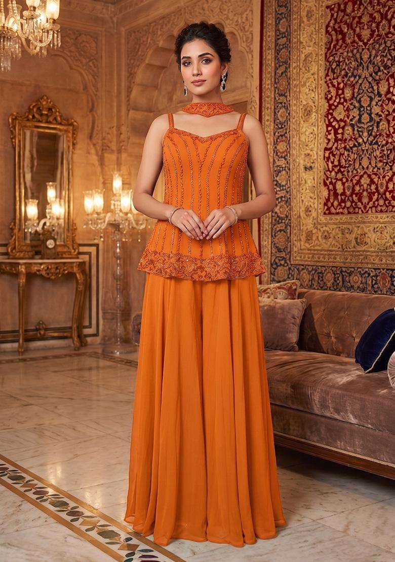 Orange Embroidered Handwork Sharara Set - Indya