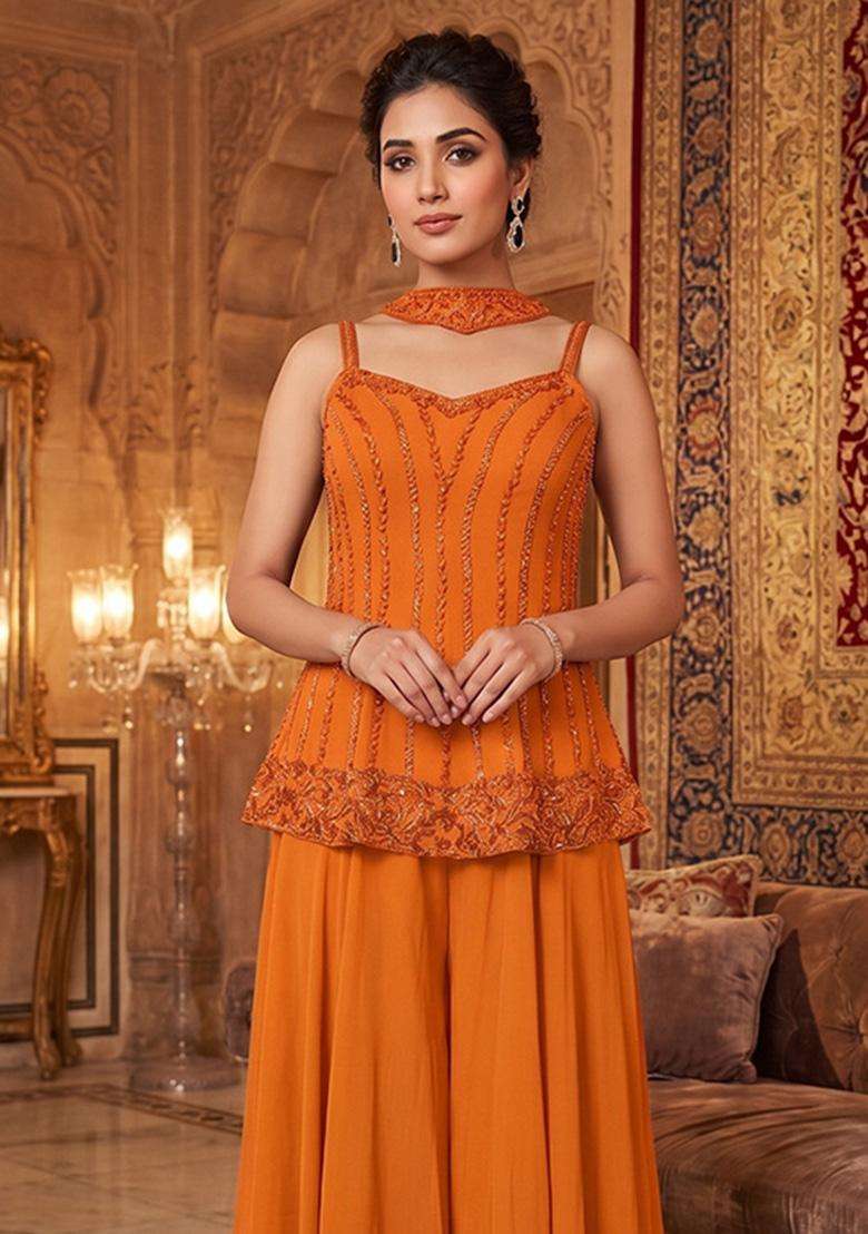 Orange Embroidered Handwork Sharara Set - Indya