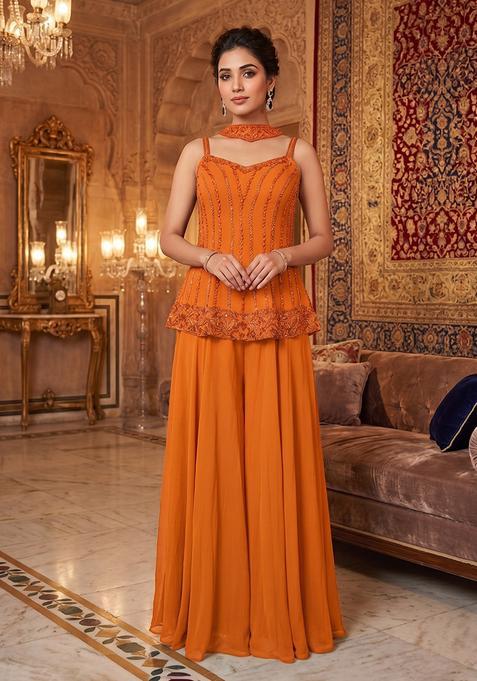 Orange Embroidered Handwork Sharara Set