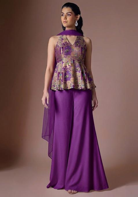 Purple Jacquard Silk Sharara Set
