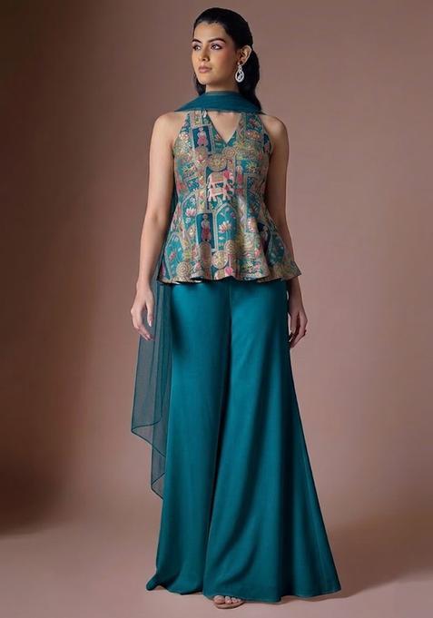 Teal Green Jacquard Silk Sharara Set