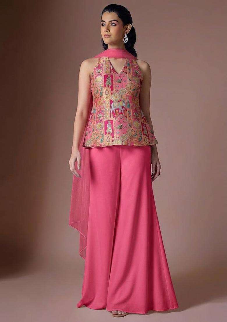 Pink Jacquard Silk Sharara Set - Indya