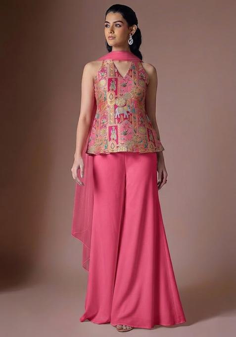 Pink Jacquard Silk Sharara Set