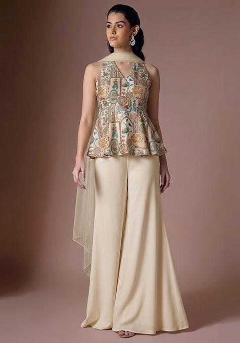 Cream Jacquard Silk Sharara Set