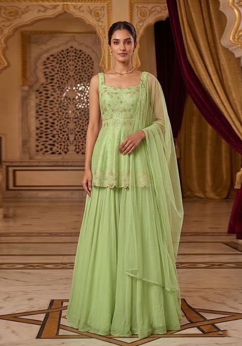 Green Embroidered Handwork Sharara Set