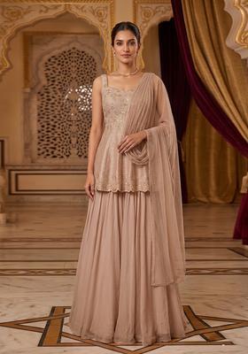 Beige Embroidered Handwork Sharara Set