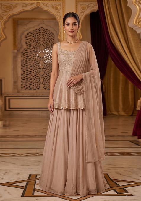 Beige Embroidered Handwork Sharara Set