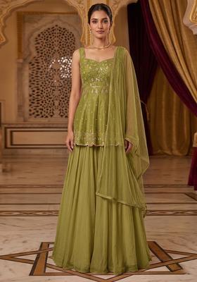 Olive Green Embroidered Handwork Sharara Set