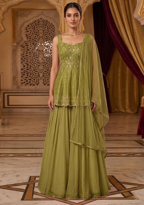 Olive Green Embroidered Handwork Sharara Set