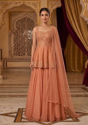 Peach Embroidered Handwork Sharara Set