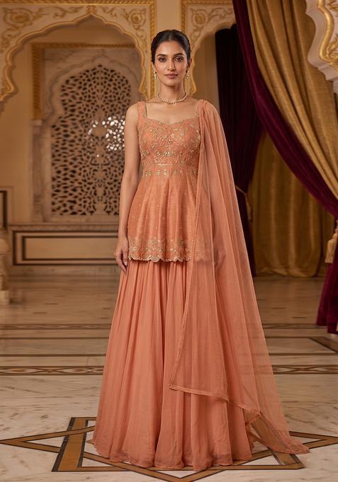 Peach Embroidered Handwork Sharara Set