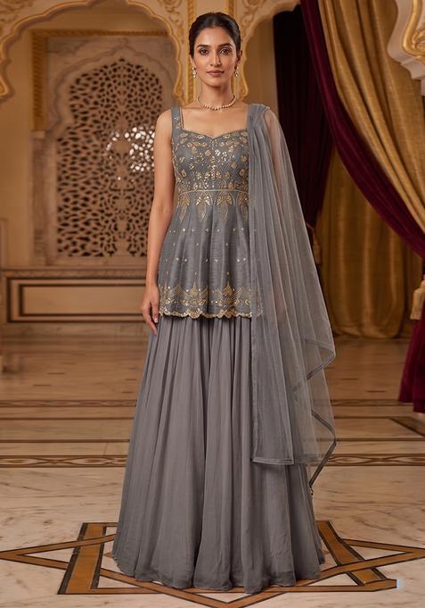 Gray Embroidered Handwork Sharara Set