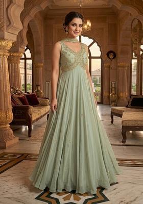 Green Embroidered Handwork Anarkali with Dupatta