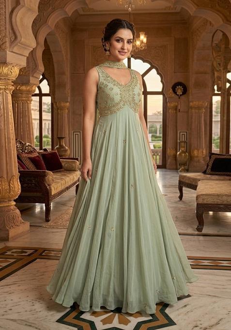 Green Embroidered Handwork Anarkali with Dupatta