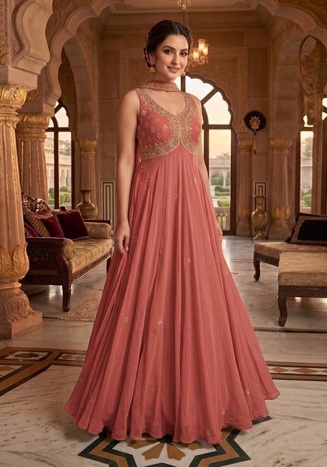 Pink Embroidered Handwork Anarkali with Dupatta
