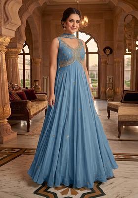 Blue Embroidered Handwork Anarkali with Dupatta