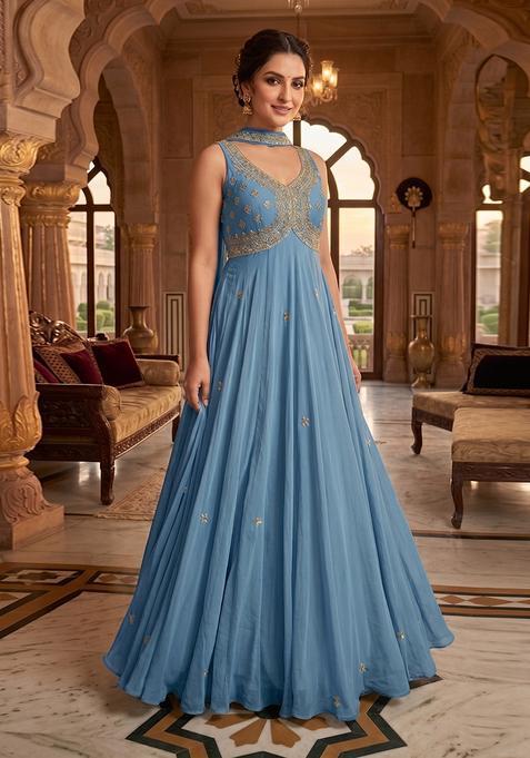 Blue Embroidered Handwork Anarkali with Dupatta