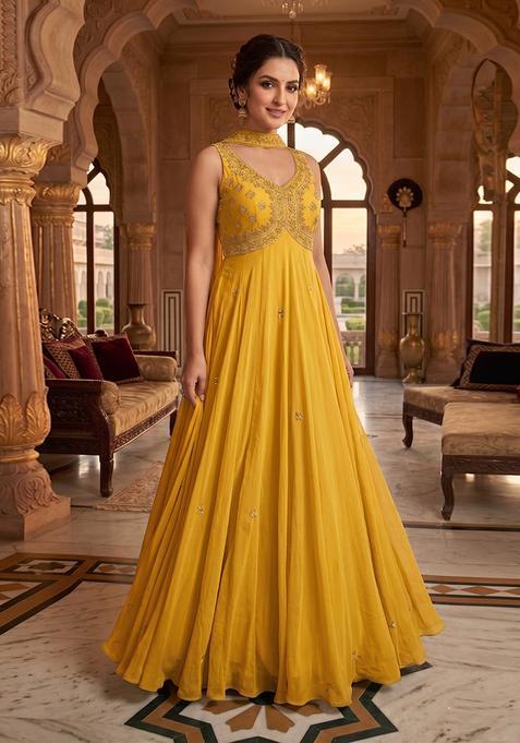 Yellow Embroidered Handwork Anarkali with Dupatta
