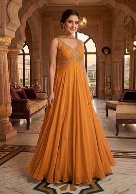Orange Embroidered Handwork Anarkali with Dupatta