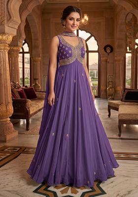 Purple Embroidered Handwork Anarkali with Dupatta