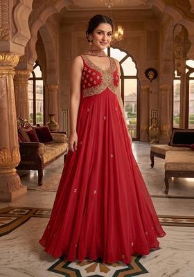 Red Embroidered Handwork Anarkali with Dupatta