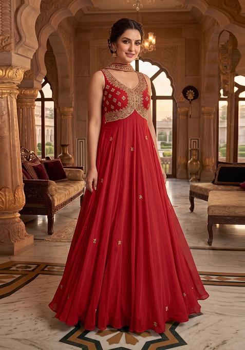 Red Embroidered Handwork Anarkali with Dupatta