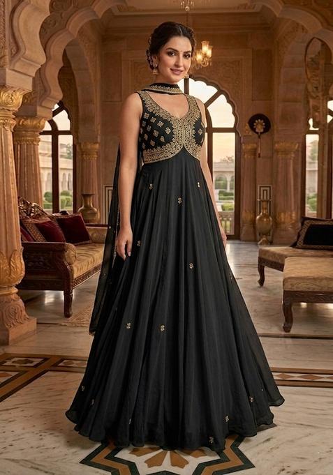 Black Embroidered Handwork Anarkali with Dupatta