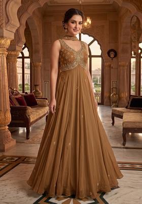 Brown Embroidered Handwork Anarkali with Dupatta