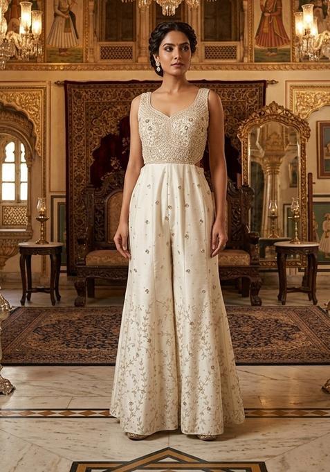 White Embroidered Handwork Fusion Set