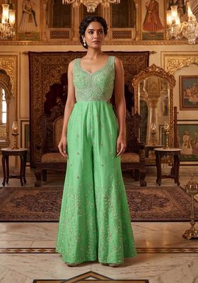 Green Embroidered Handwork Fusion Set